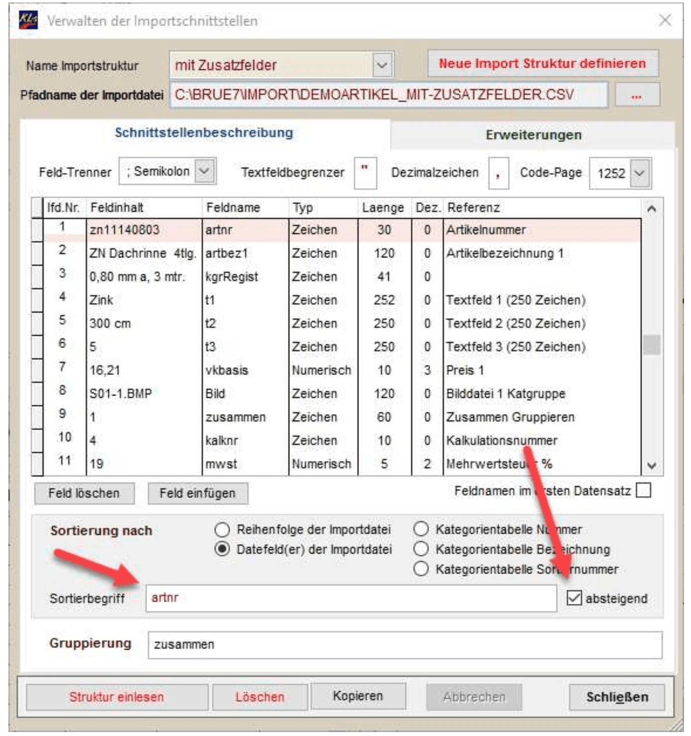 Absteigende Sortierfolge beim Datenimport