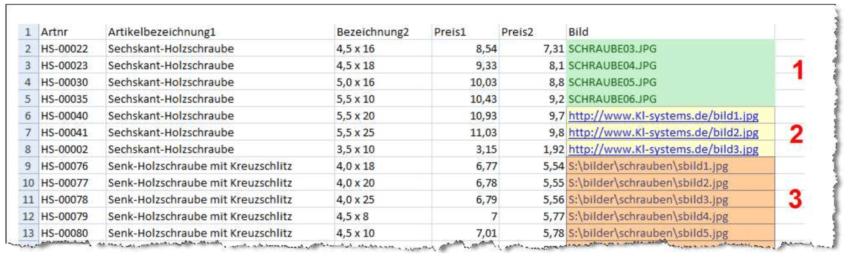 Excel-Darstellung vom Bilder Pick-Up während dem Import