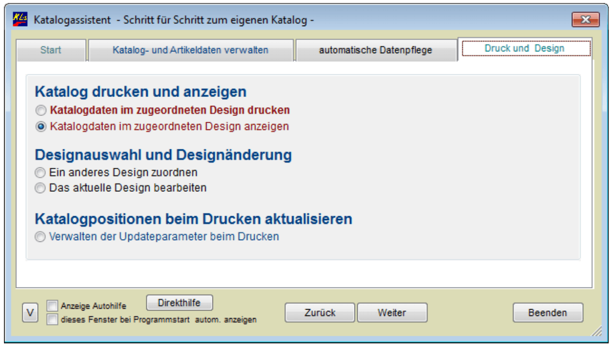 Katalogassistent Schritt 4: Katalogdruck und Designverwaltung