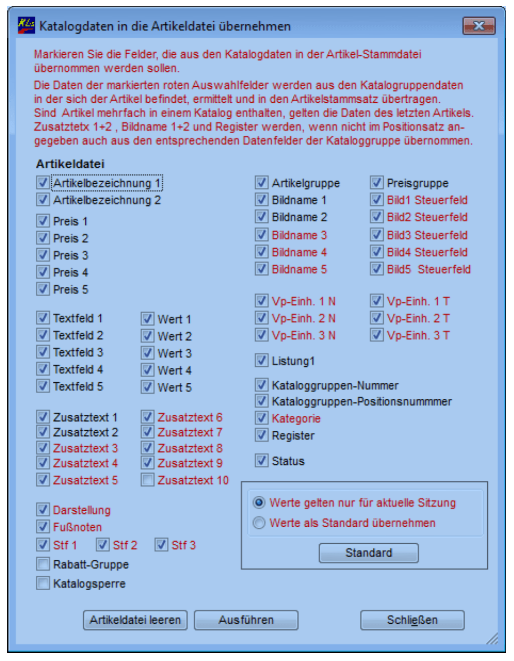 Katalogdaten in die Artikeldatei übernehmen