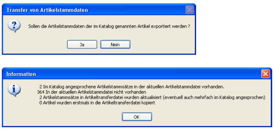 Info-Fenster Transfer von Artikelstammdaten
