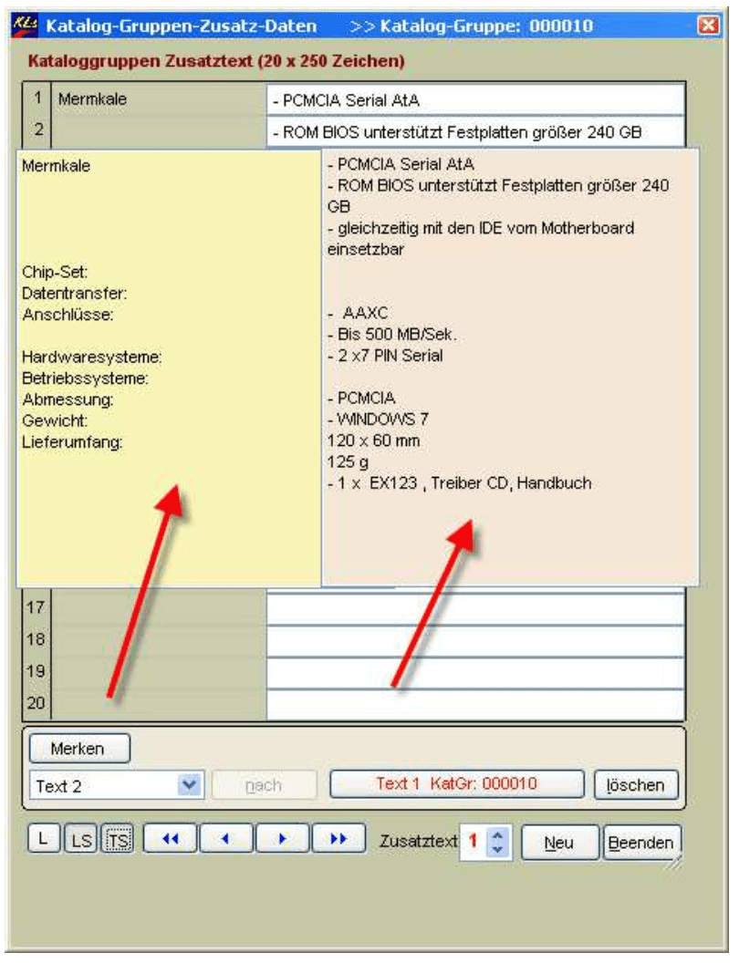 Kataloggruppen Zusatztext Editiermodus umschalten