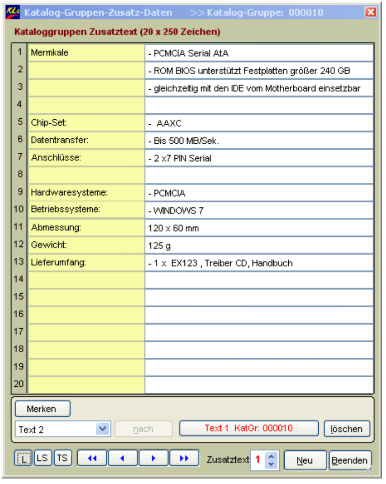 Kataloggruppen Zusatztext L-Button
