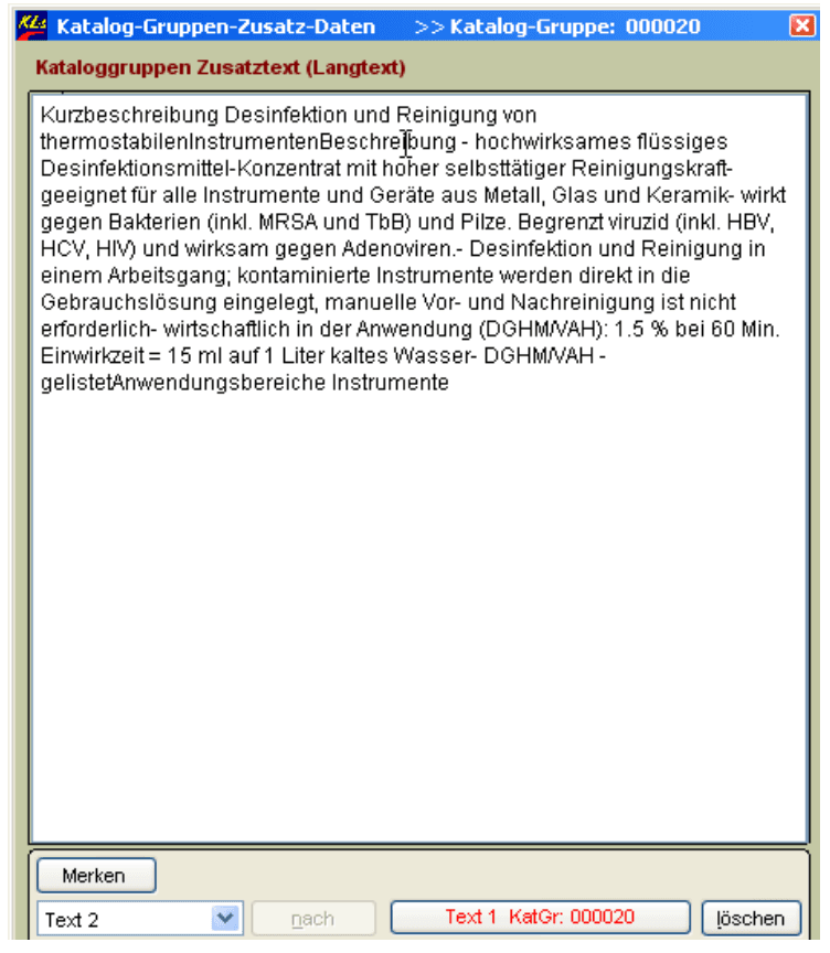 Kataloggruppen Zusatztext verwalten
