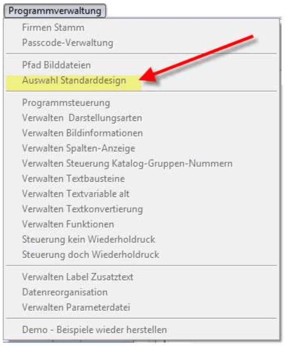 Menü für die Auswahl des Standarddesigns