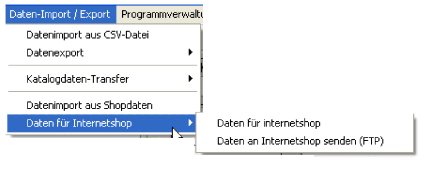 Menü für den Datenimport aus einem Internetshop