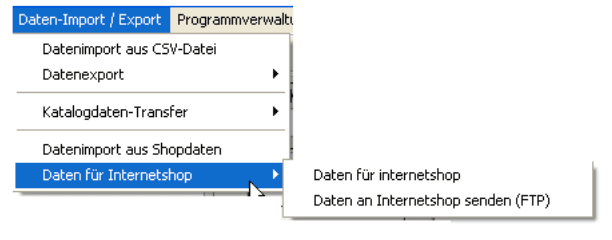 Menü für den Datenimport von Shopdaten