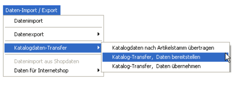 Menü für den Katalogdatentransfer