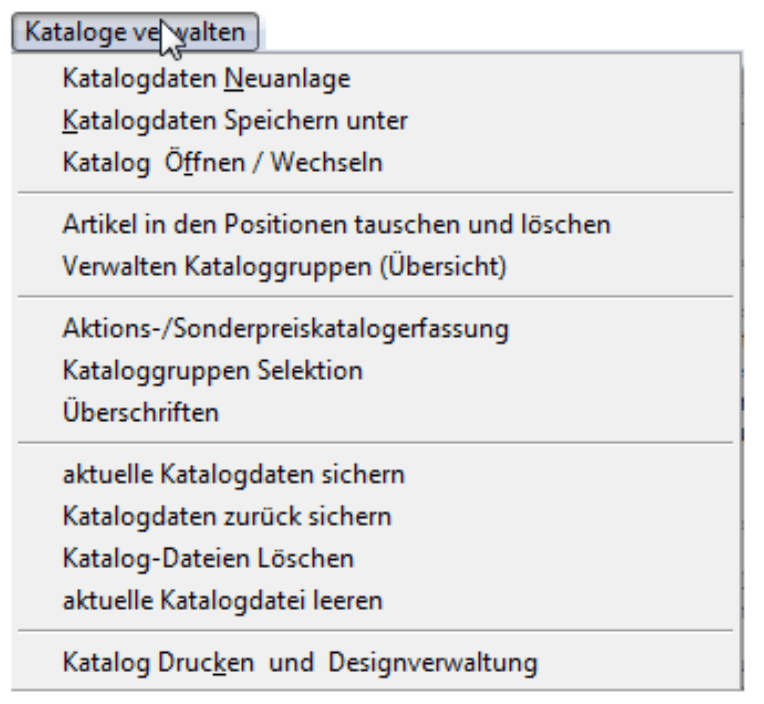 Menü zu Pflege der Katalogdaten (verschieben und reorganisieren)