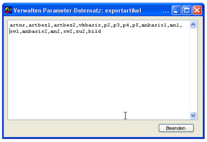 Exportartikelparameter Datensatz verwalten